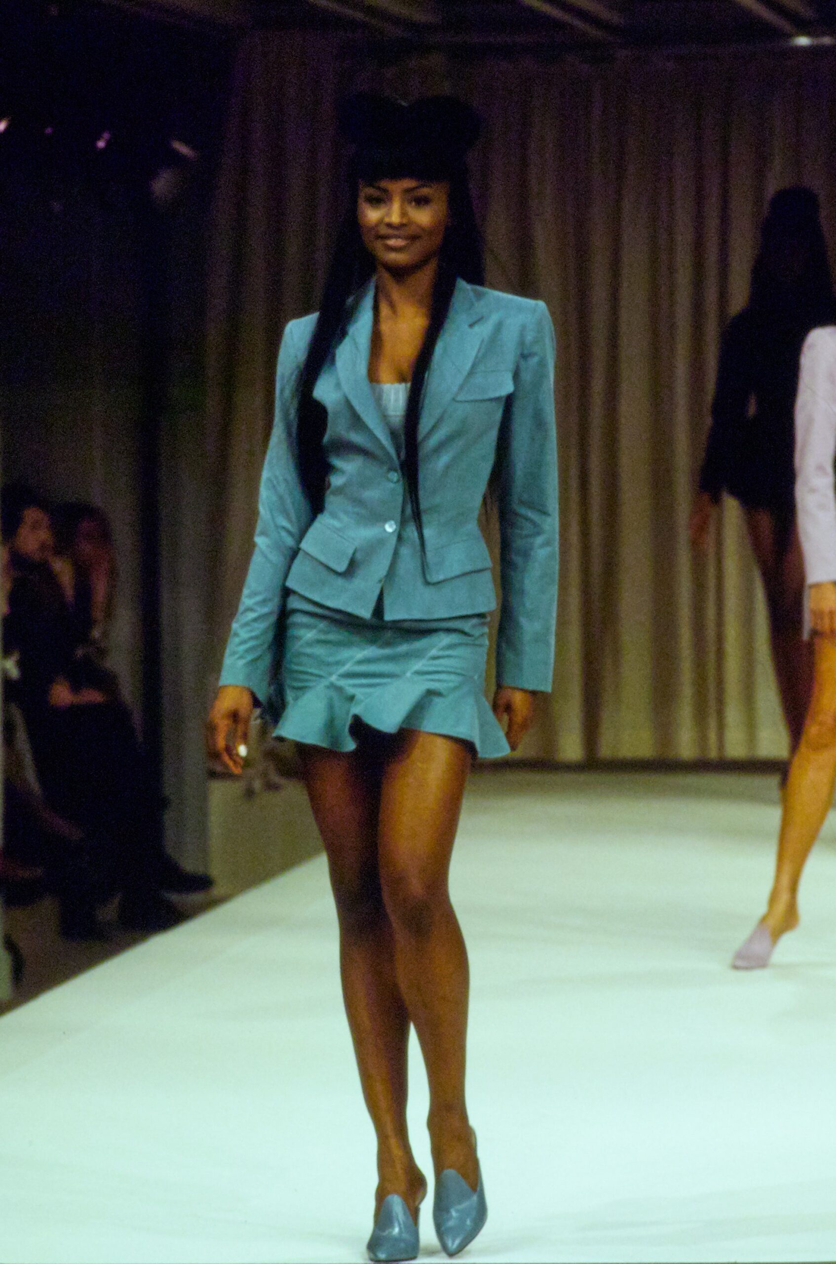 blue silk fitted blazer and mini skirt
