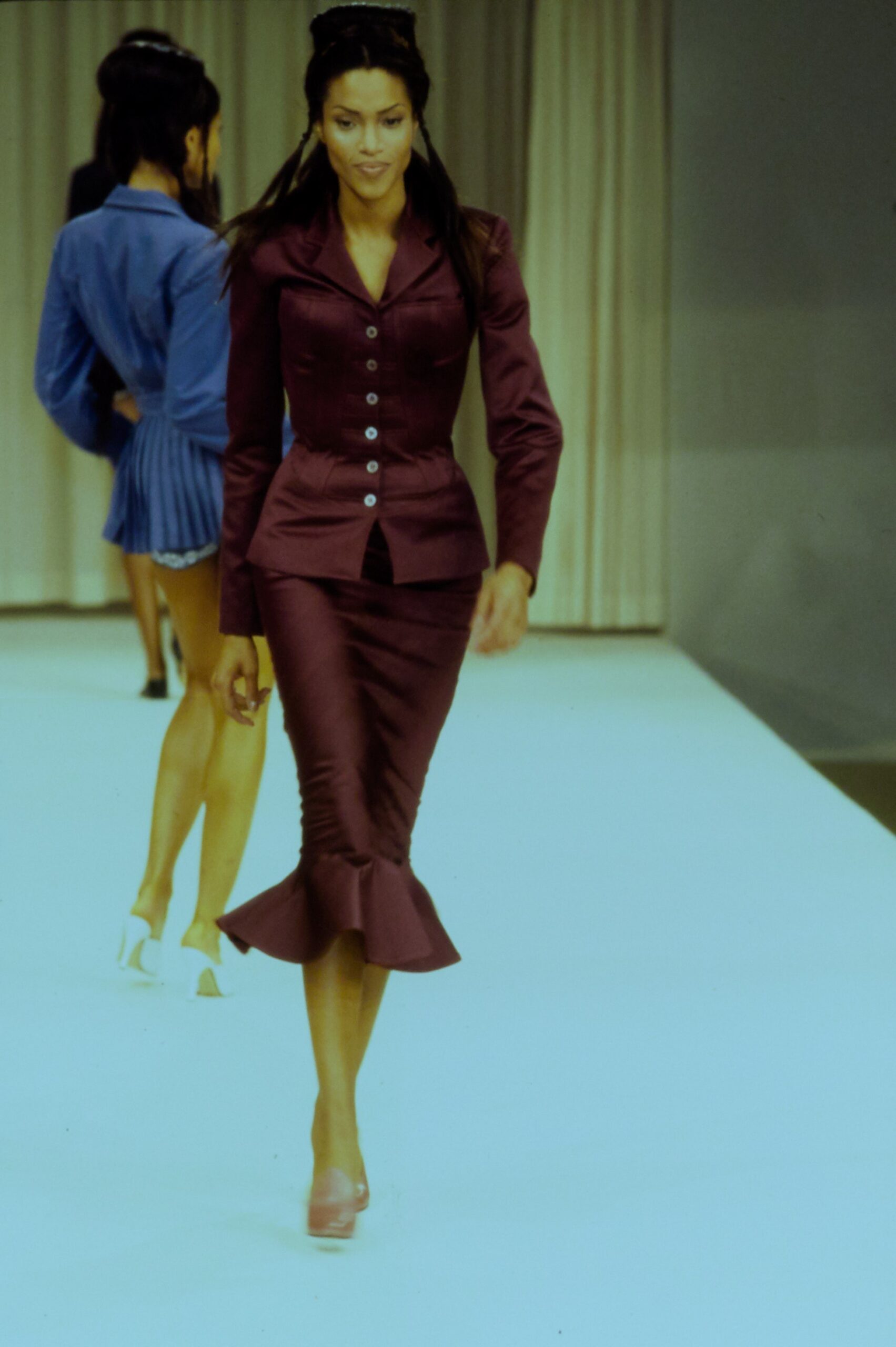 fitted purple satin suit