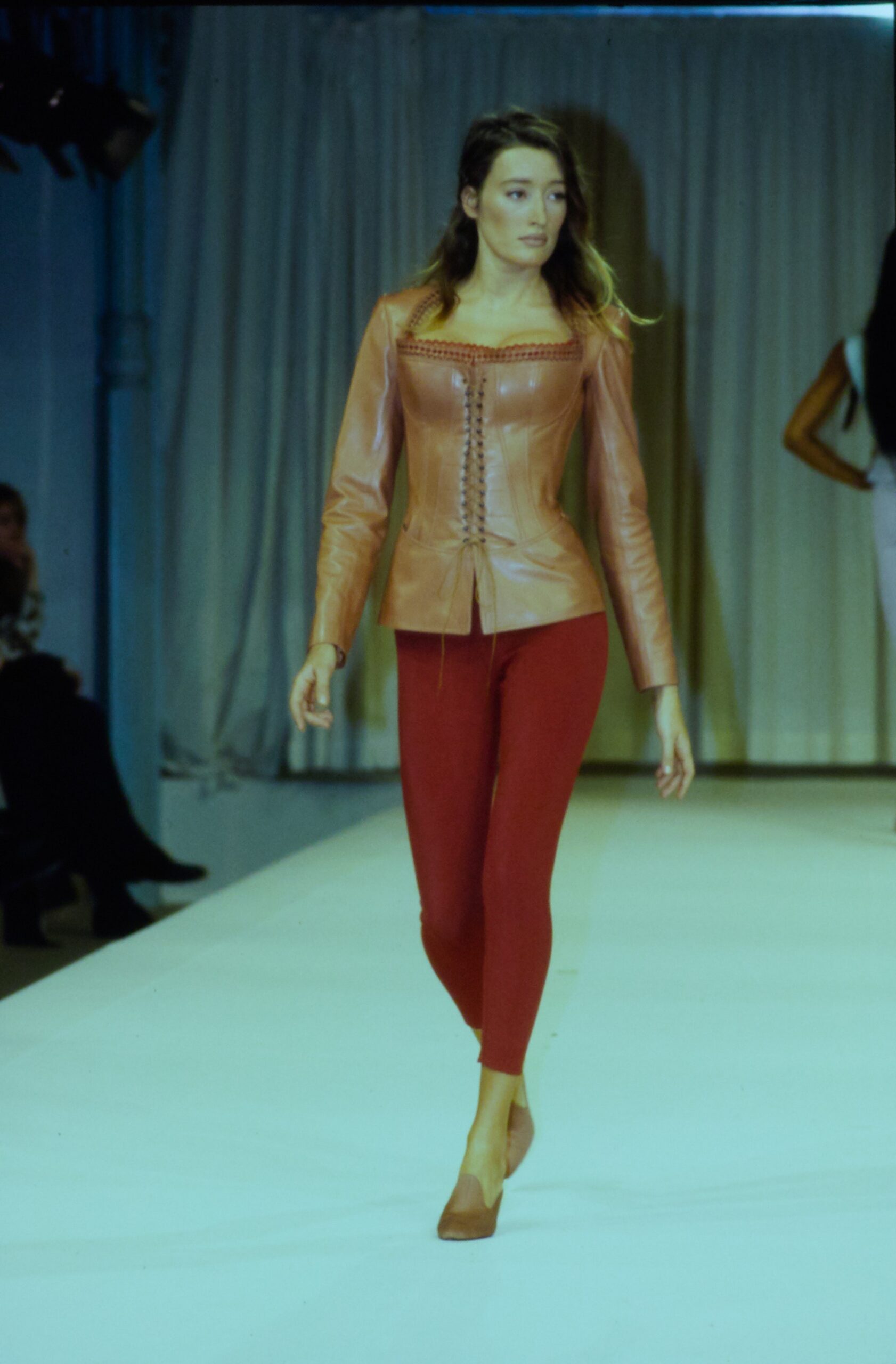 brown leather long-sleeve v-neck fitted zippered top