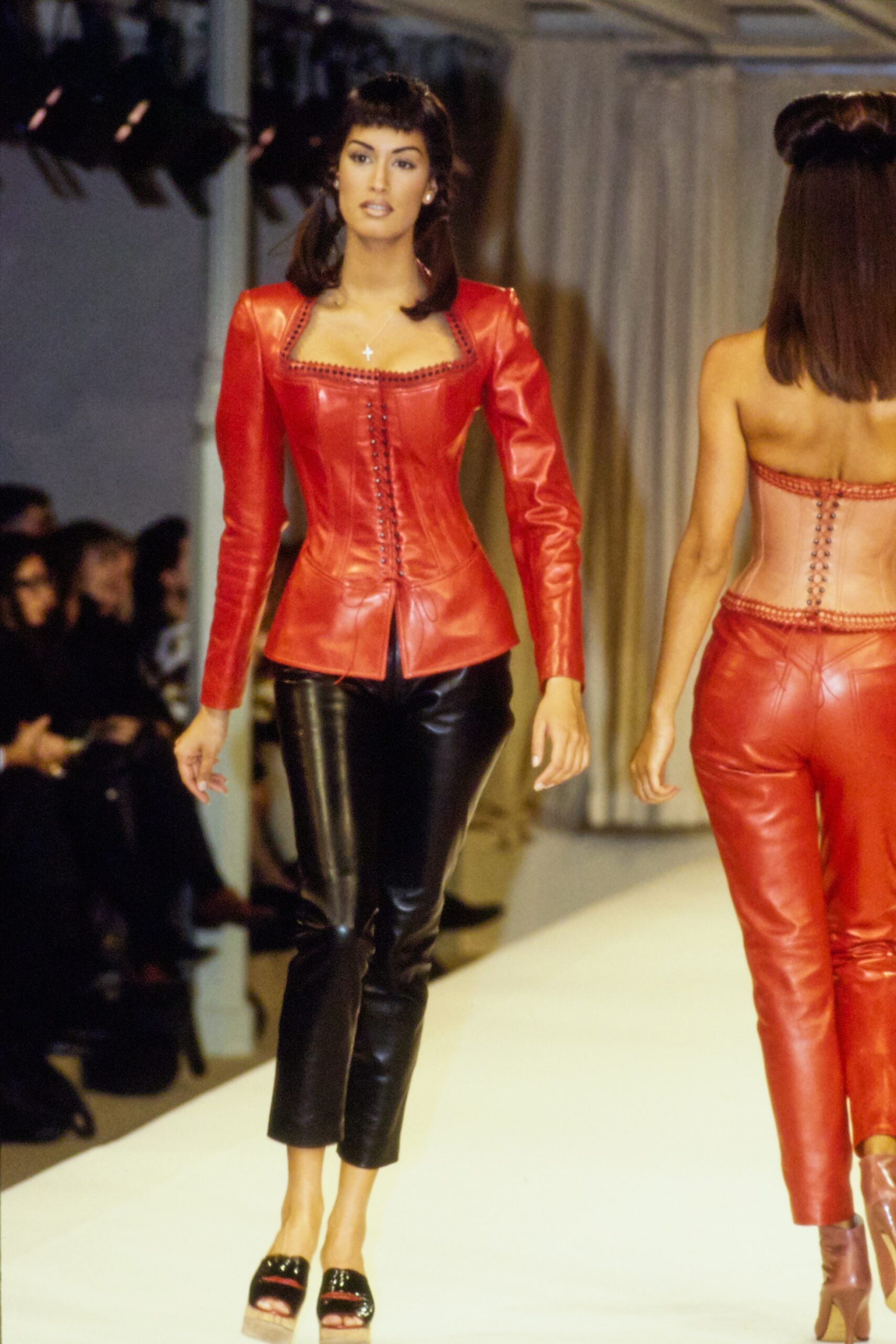 red leather long-sleeve v-neck fitted zippered top