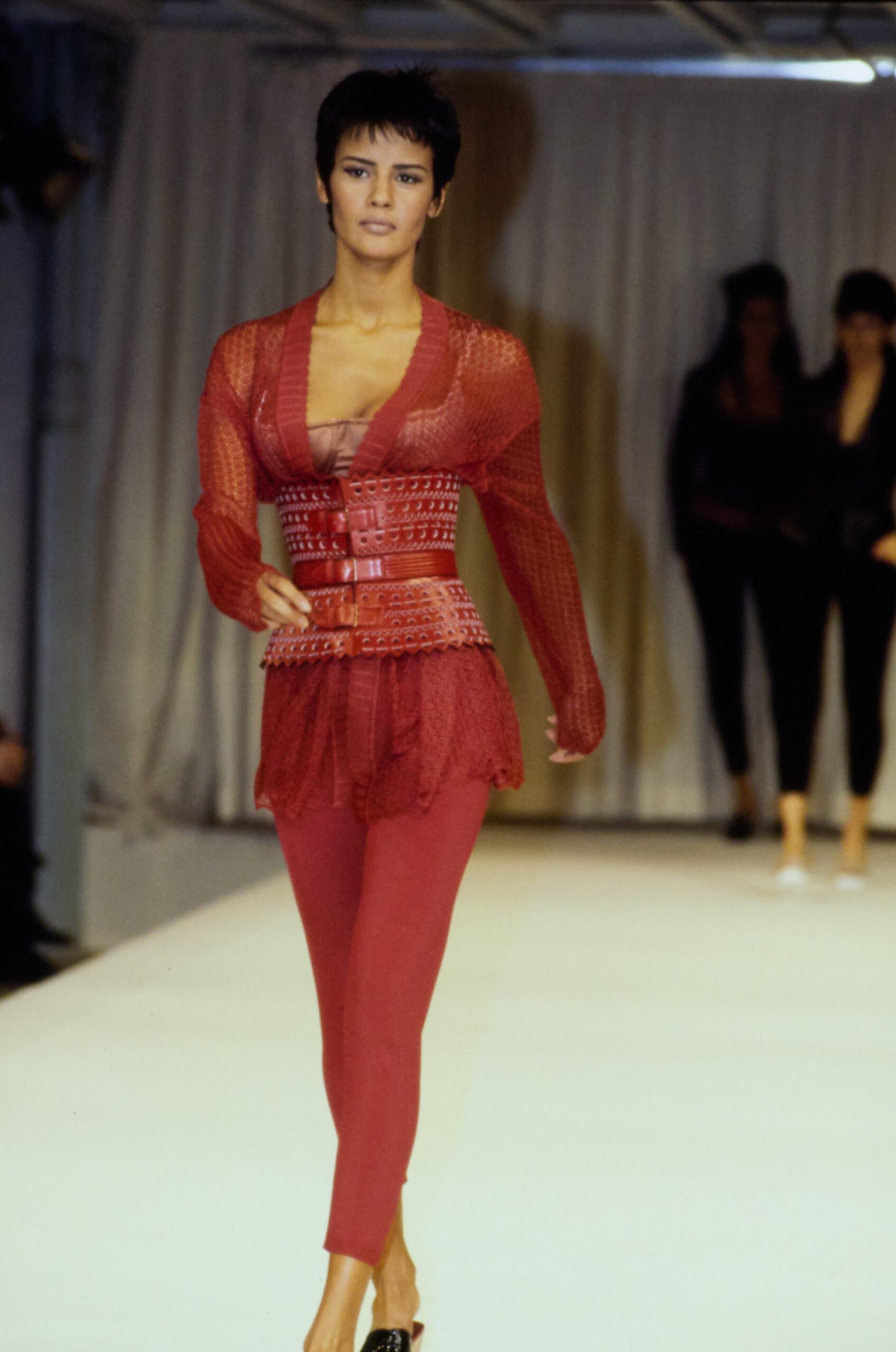 red lace long-sleeve v-neck fitted ruffled top