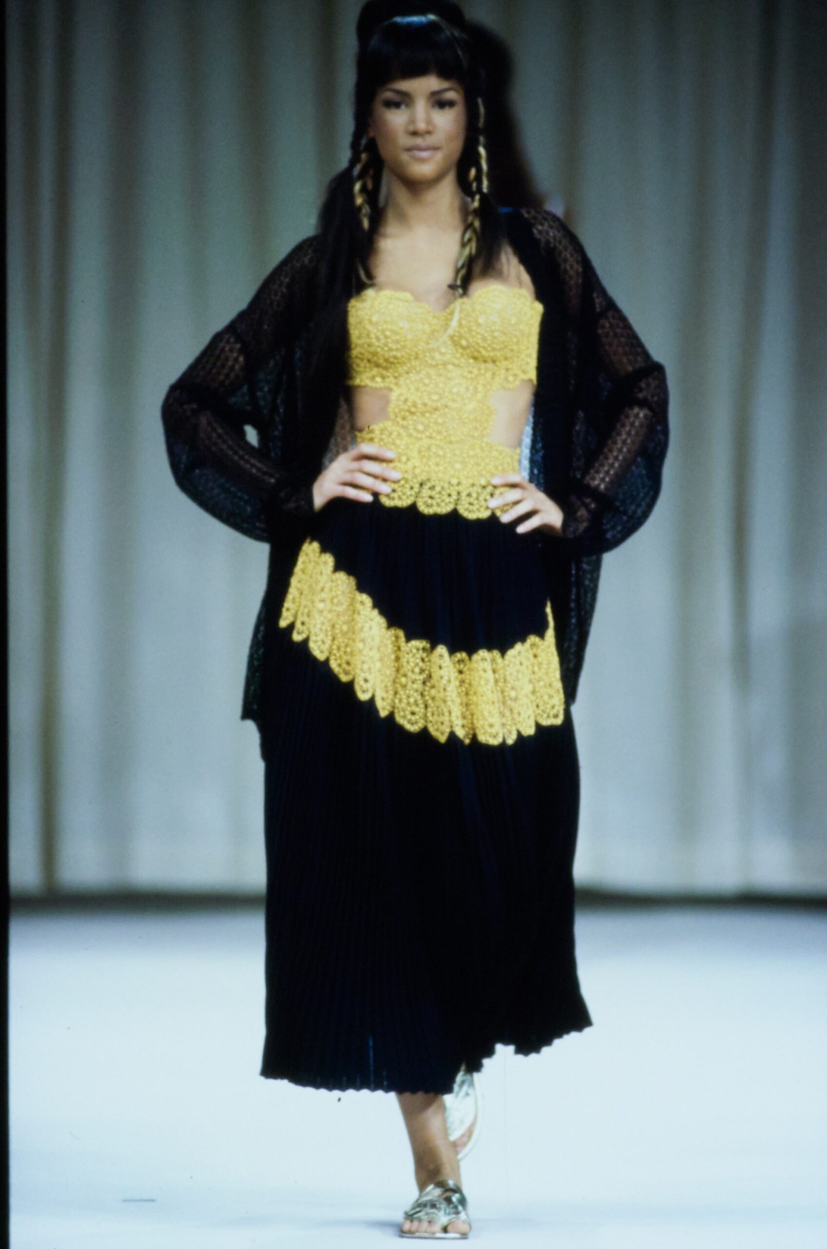 yellow crochet sleeveless high-neck fitted layered top