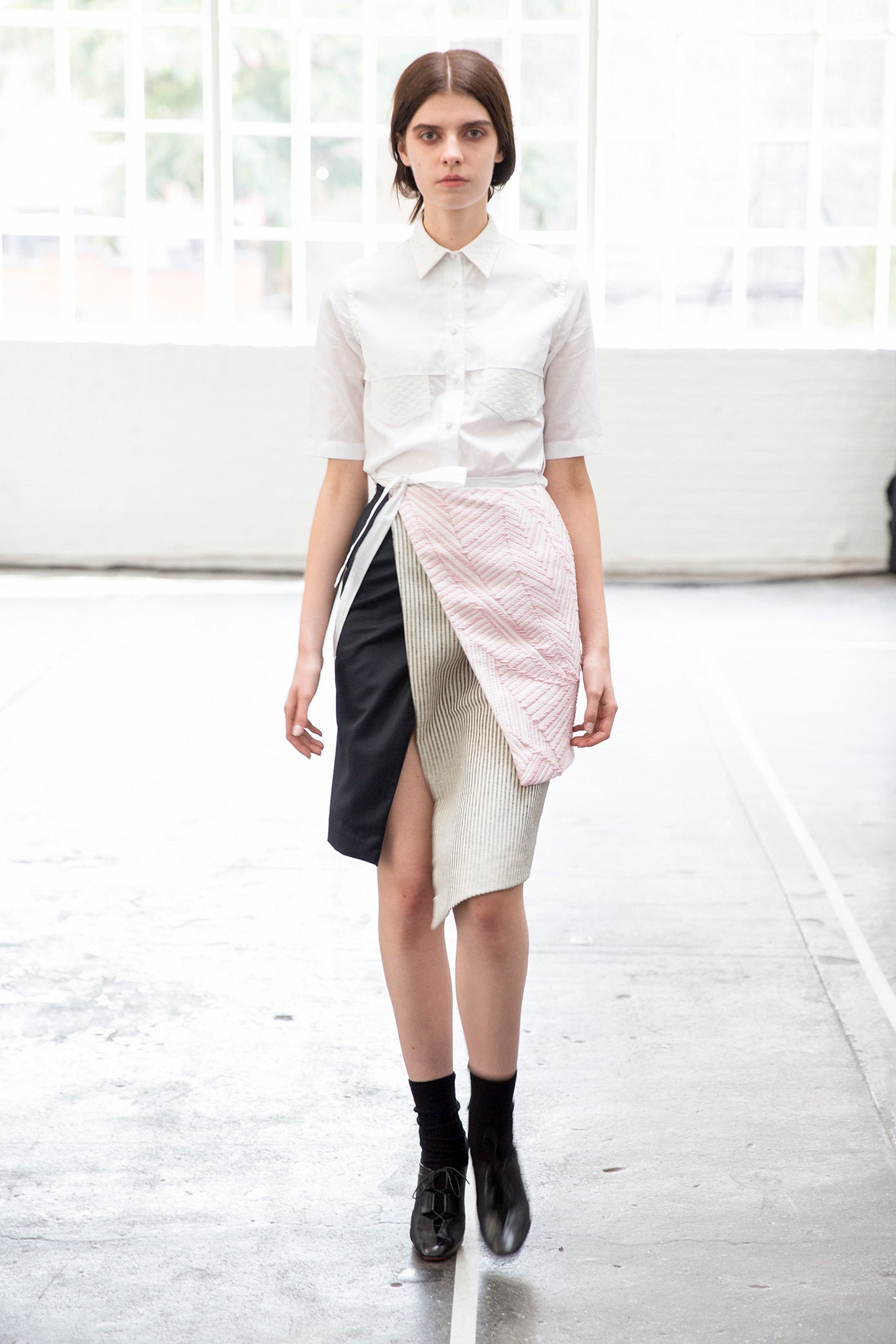 white fitted shirt with asymmetric skirt