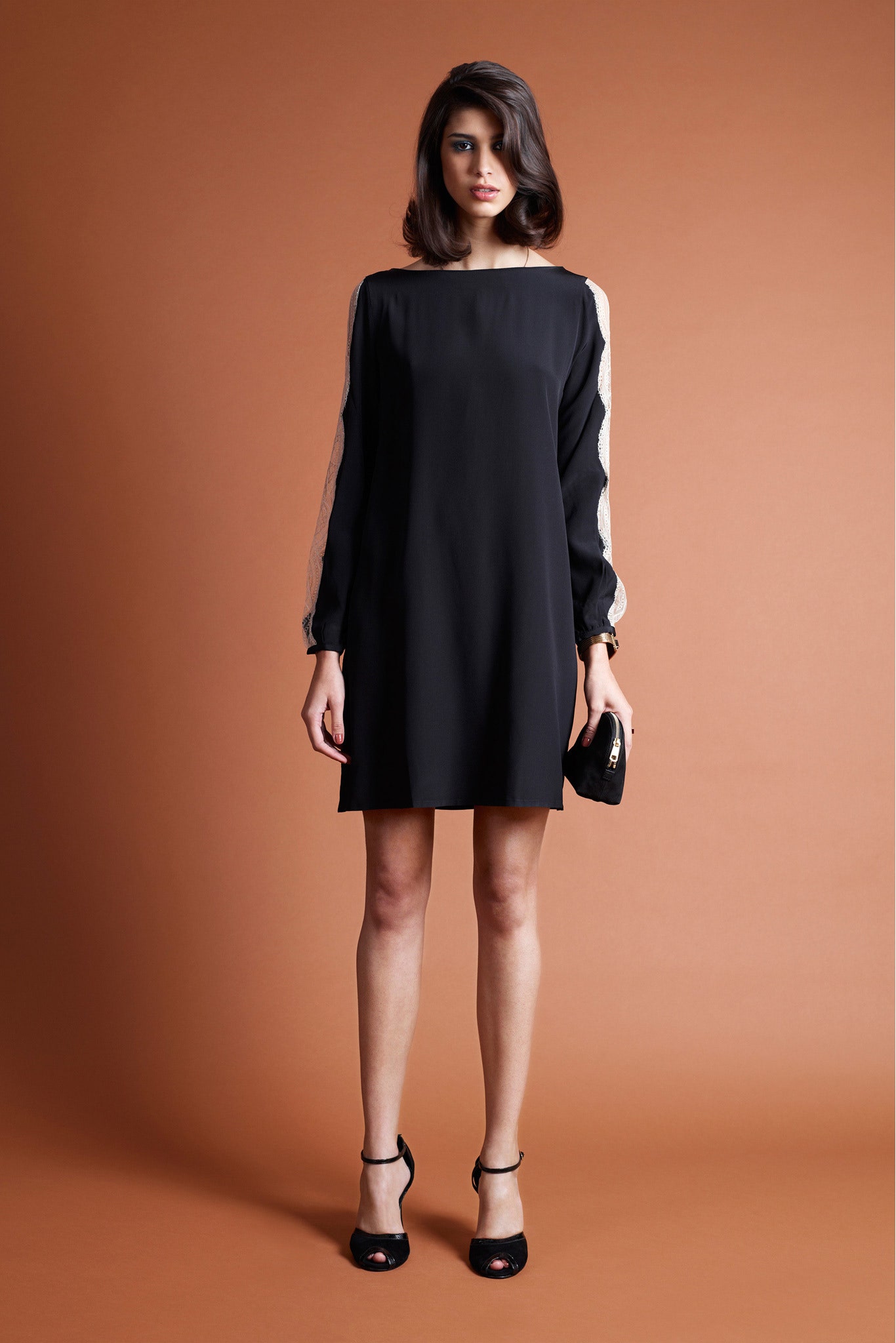 black silk long-sleeve dress
