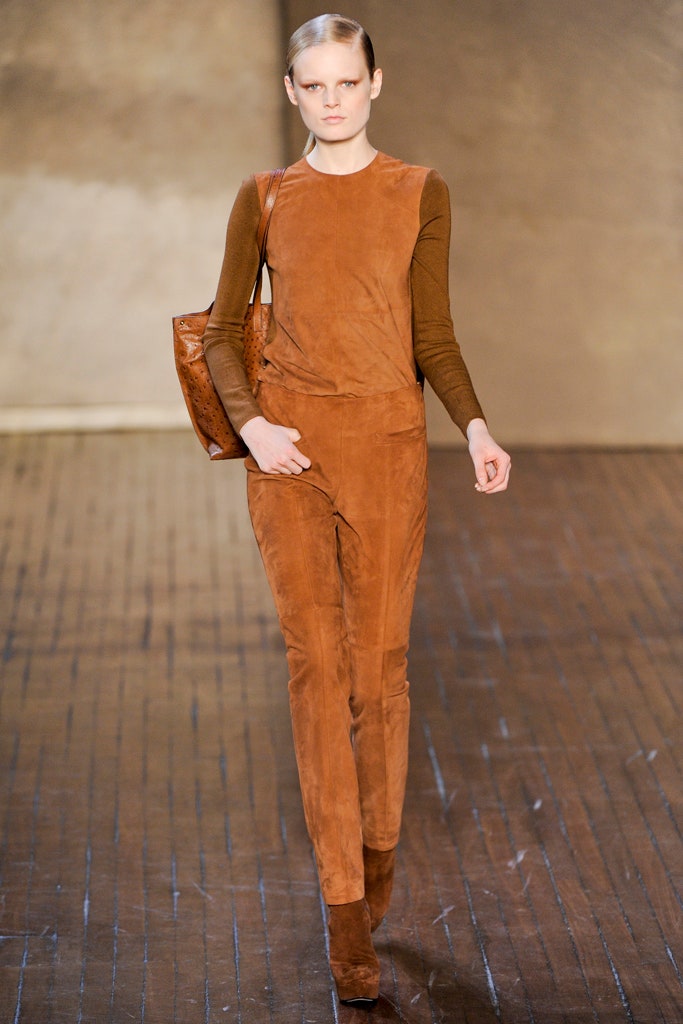 brown suede long-sleeve collared fitted top