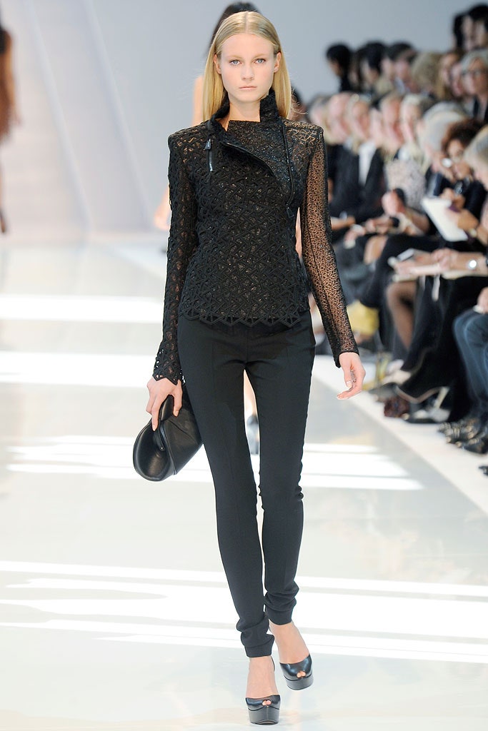 black lace long-sleeve collared fitted zippered top