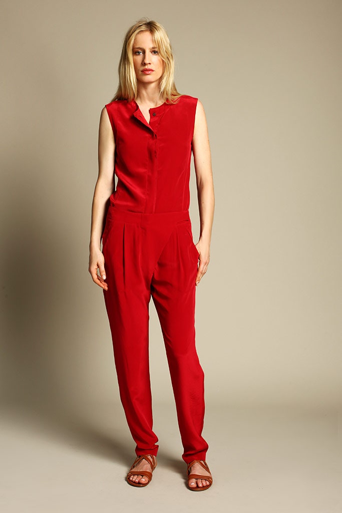 red sleeveless jumpsuit