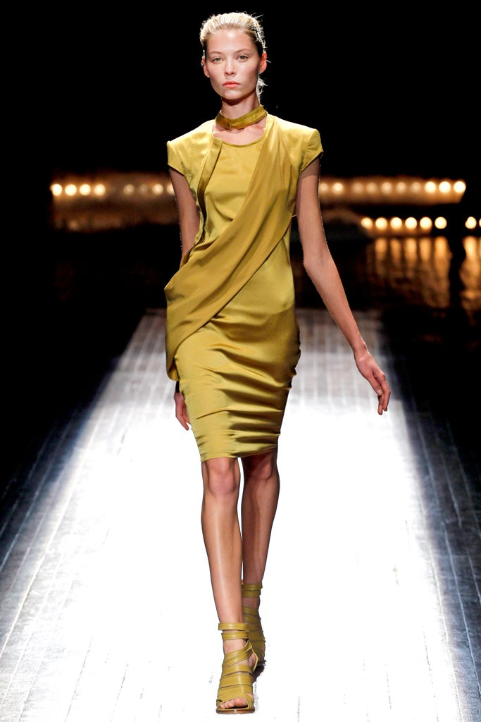 yellow silk sleeveless v-neck fitted draped mini dress