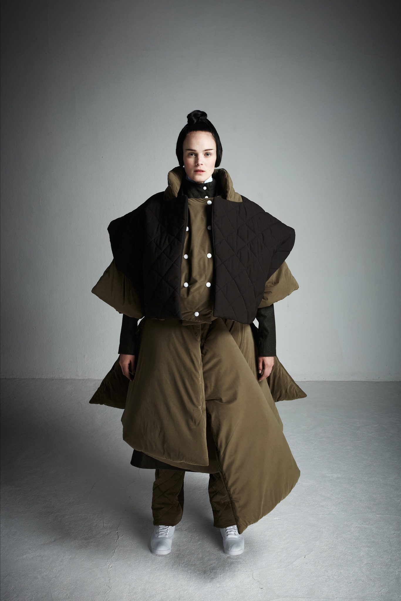 oversized quilted coat with relaxed pants