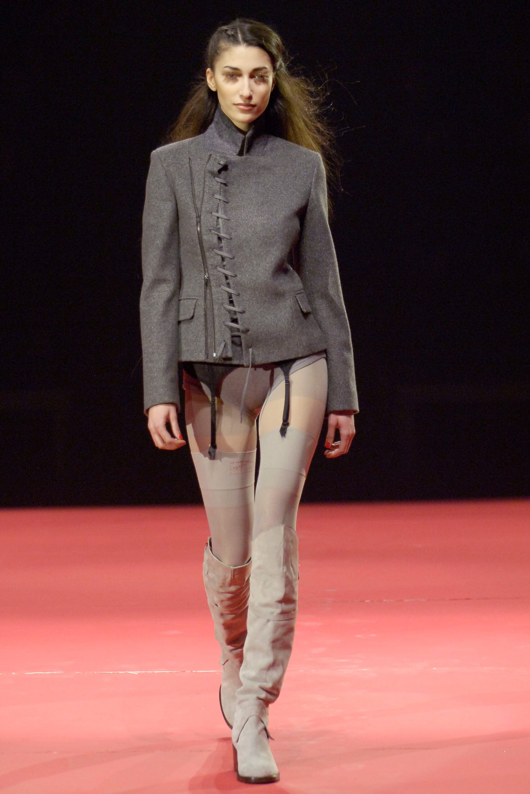 gray wool fitted jacket with beige pants