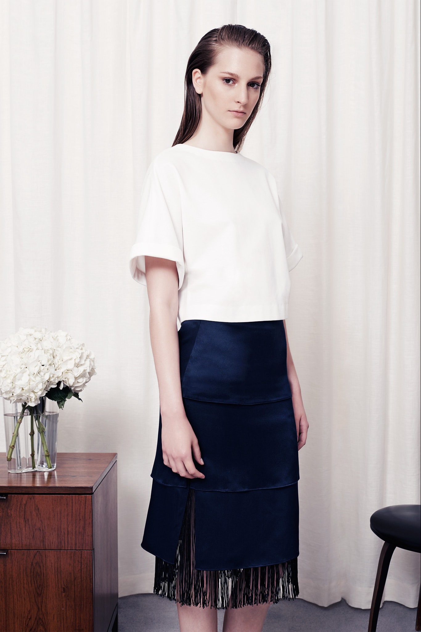 blue satin asymmetric fitted tiered midi skirt