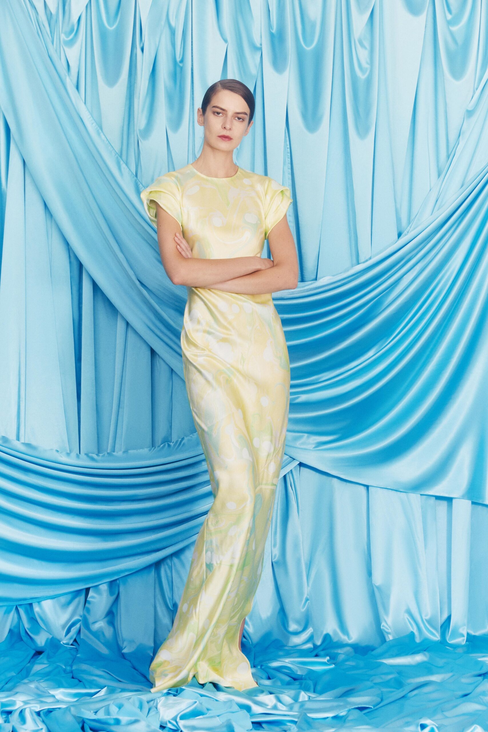 fitted yellow silk gown