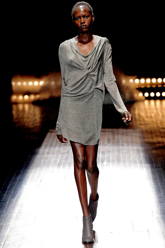 gray fitted draped dress