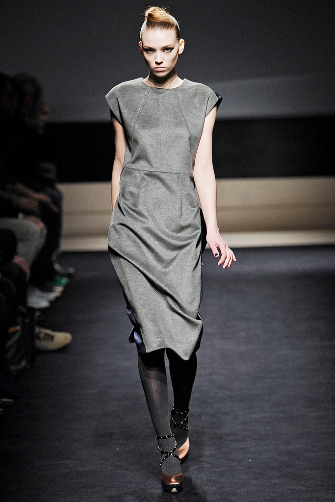gray fitted wool midi dress