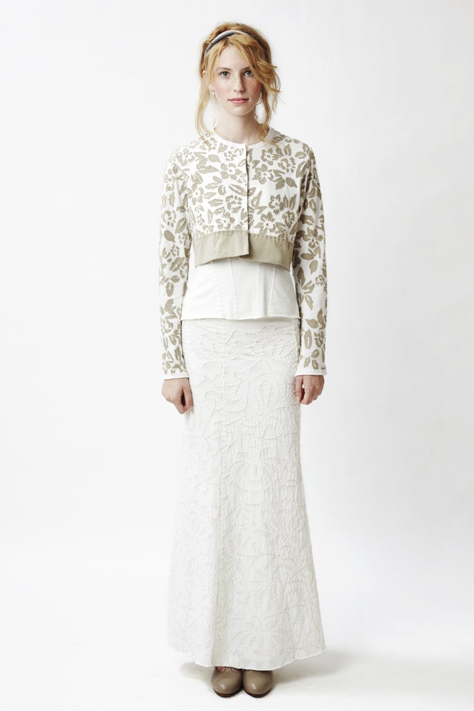 embroidered cropped jacket with maxi skirt