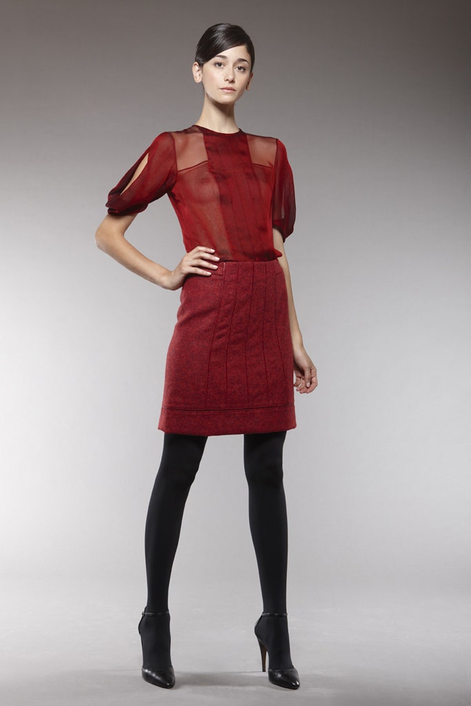 red silk short-sleeve v-neck fitted sheer flowing top