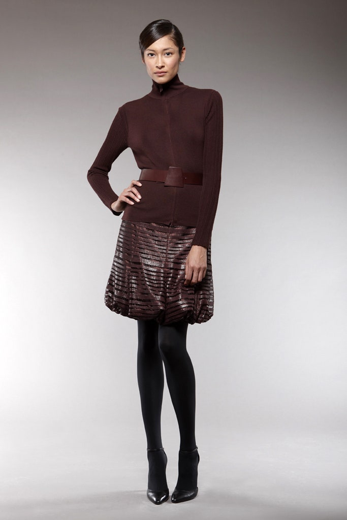 brown silk fitted pleated short skirt