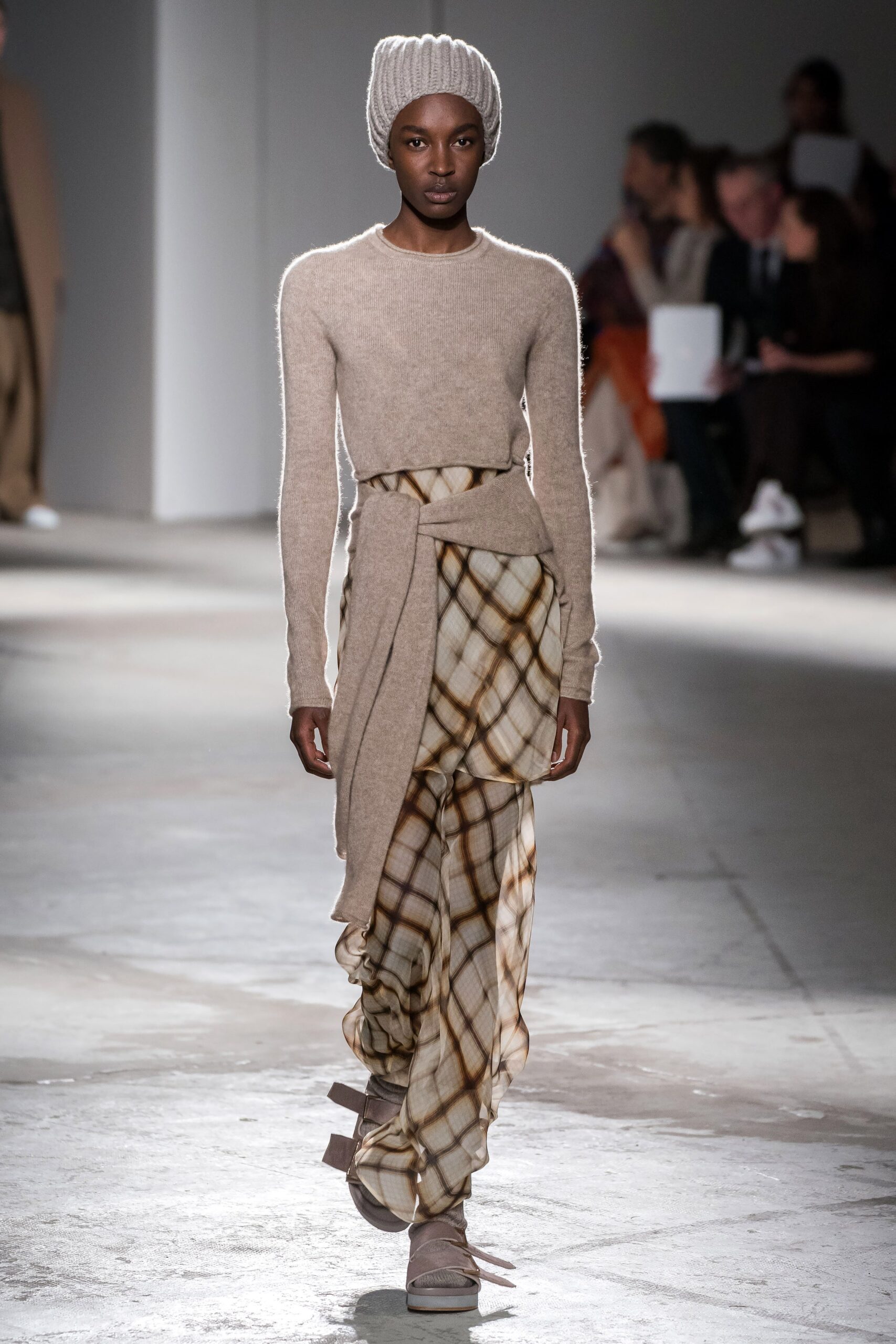 beige wool long-sleeve high-neck fitted layered top