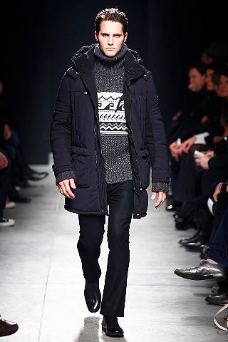 black parka gray sweater slim pants