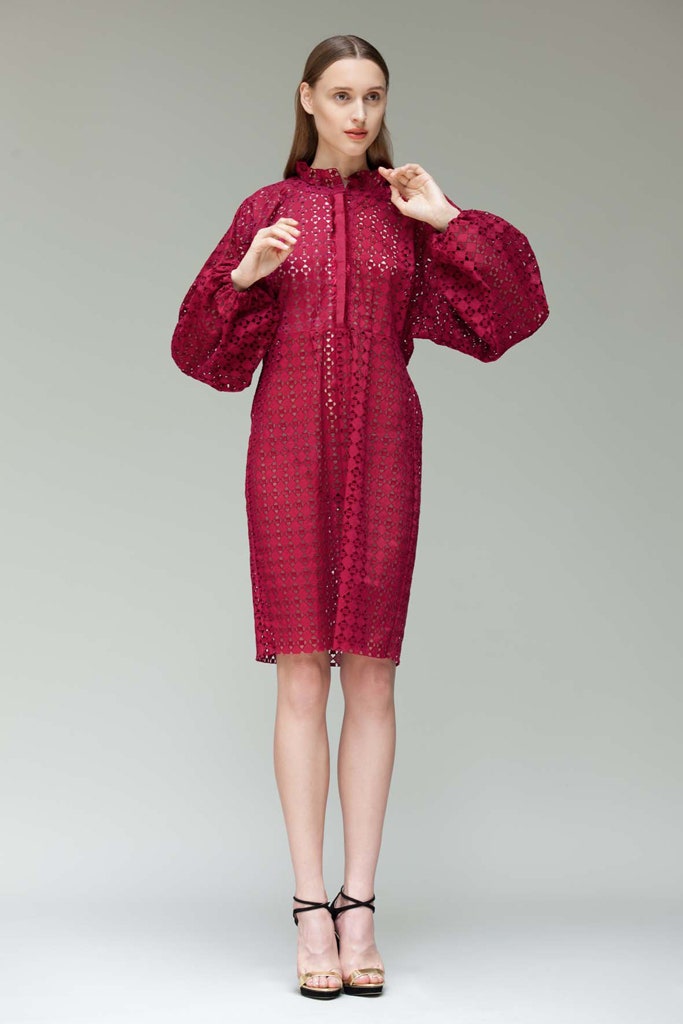 red silk long-sleeve collared fitted pleated embroidered dress