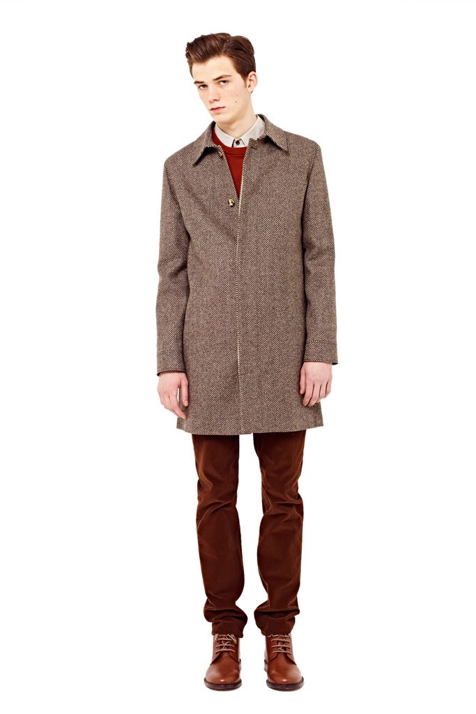 brown wool long-sleeve collared tailored straight-leg coat