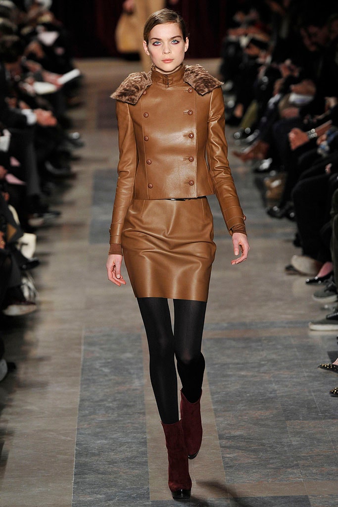 brown leather long-sleeve collared fitted padded jacket