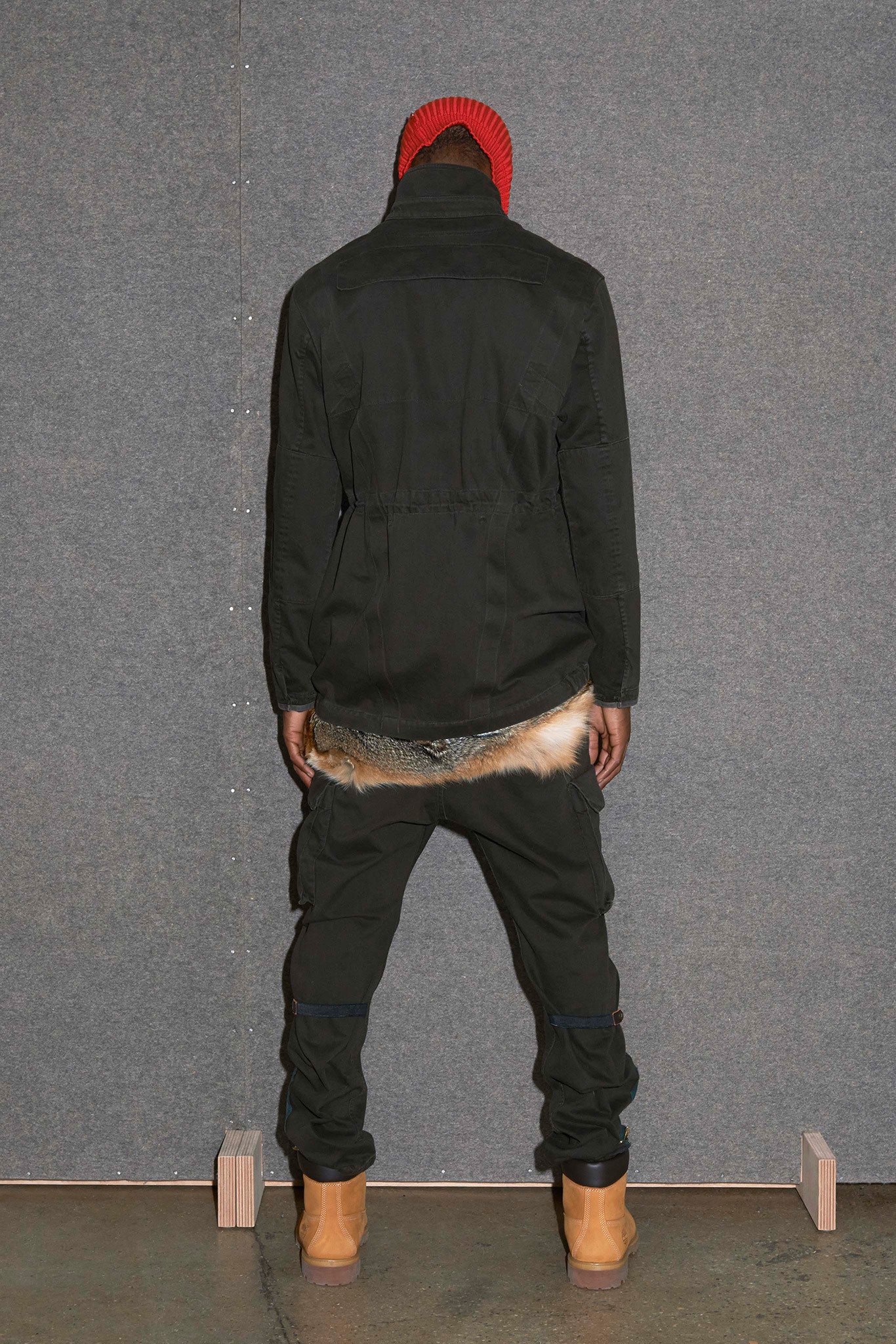 black relaxed jacket with cargo pants