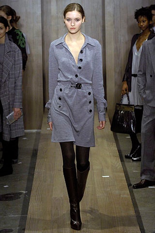 gray fitted shirt-dress with brown boots
