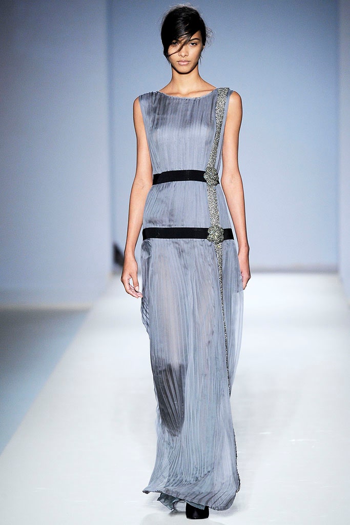 gray silk pleated gown
