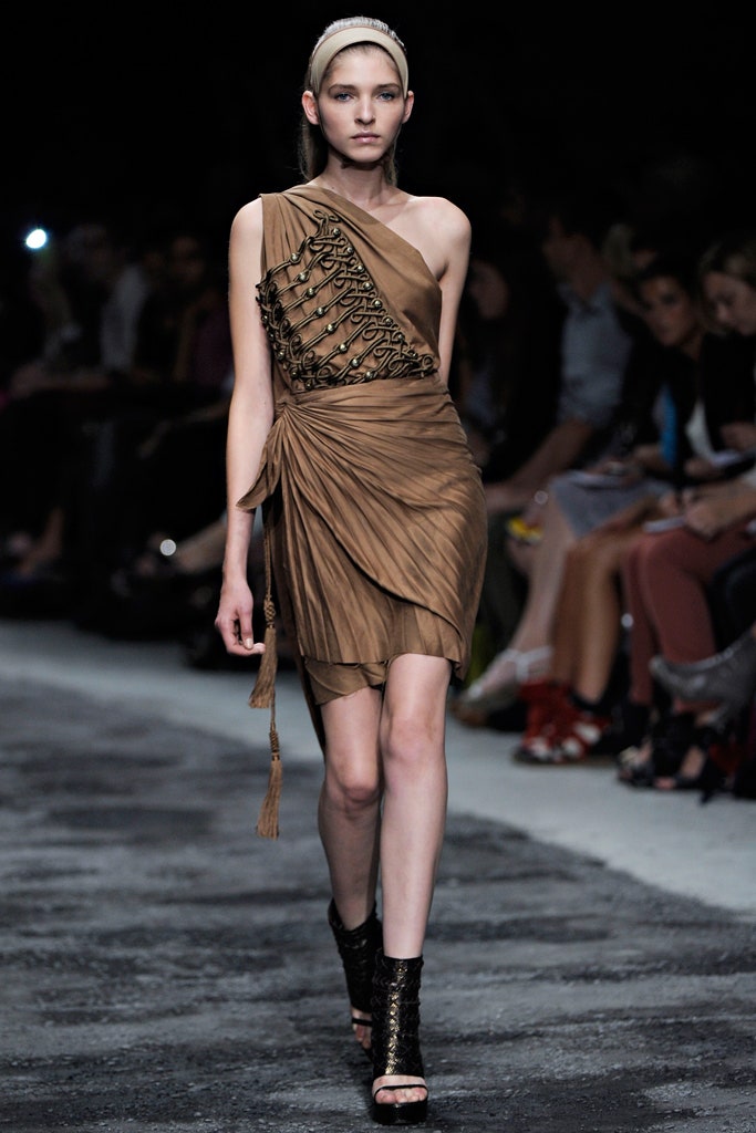 brown silk sleeveless asymmetric fitted draped embroidered dress
