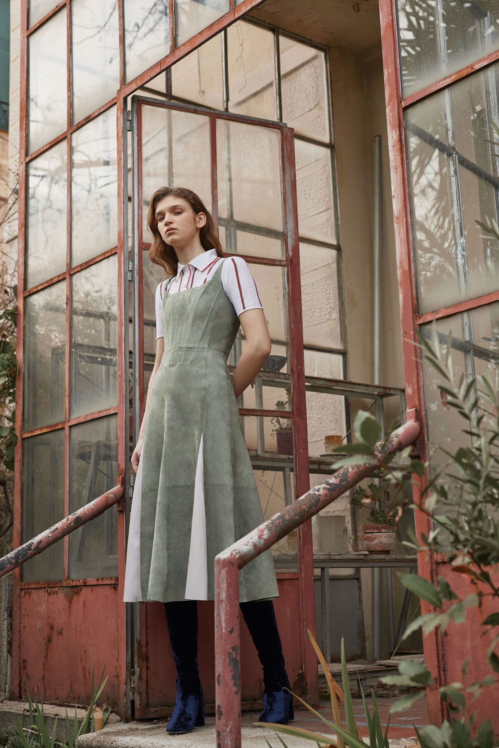 green and white color-blocked midi dress