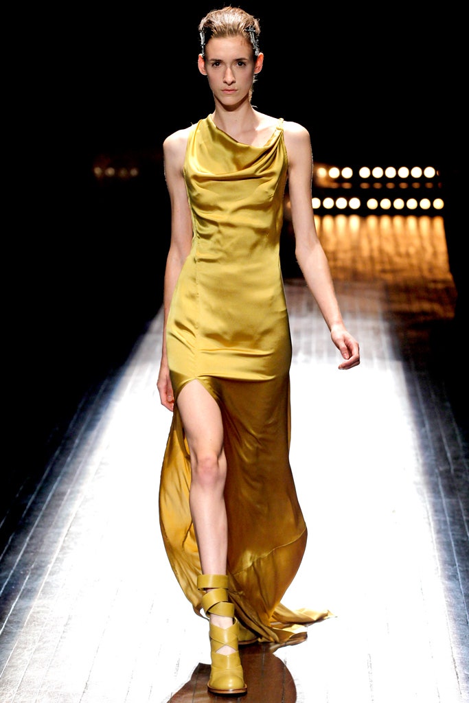 yellow silk fitted gown