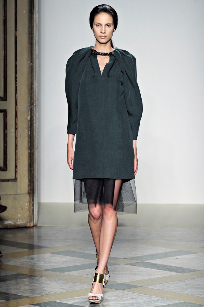 green cotton long-sleeve collared fitted draped midi dress