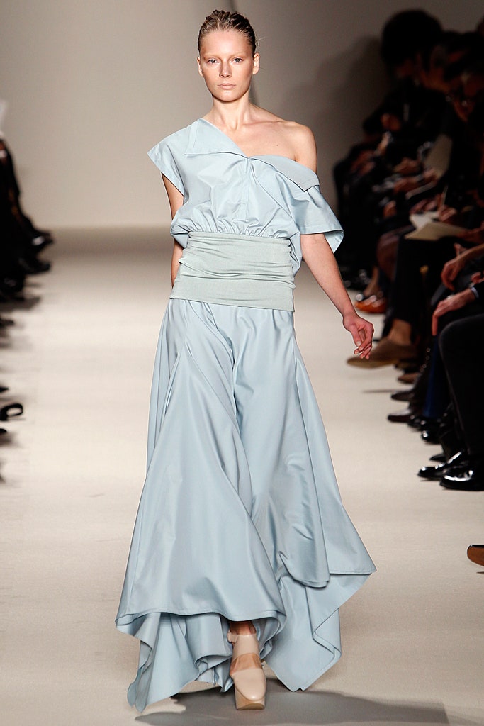 blue silk off-shoulder dress