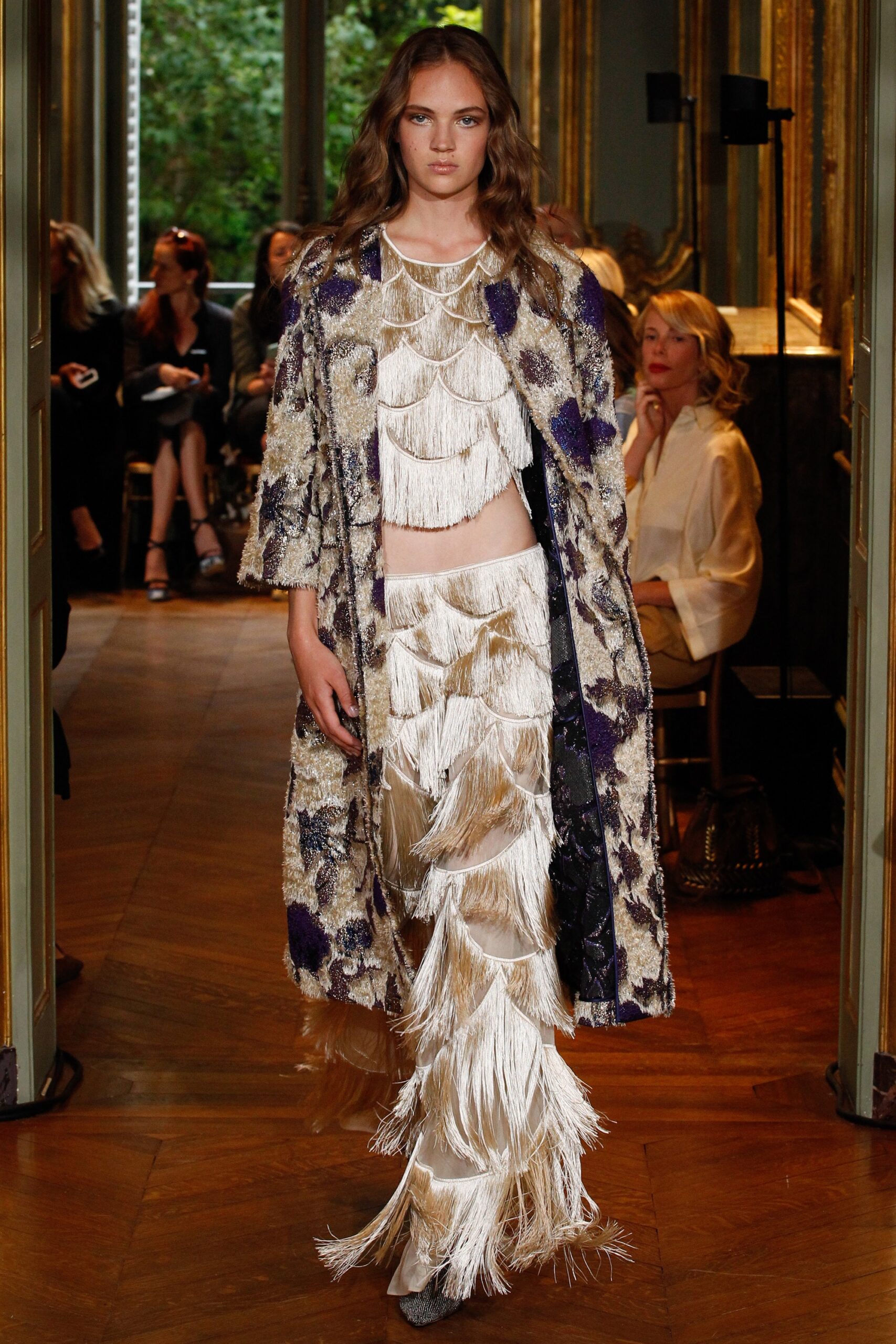 beige silk fitted fringed pants