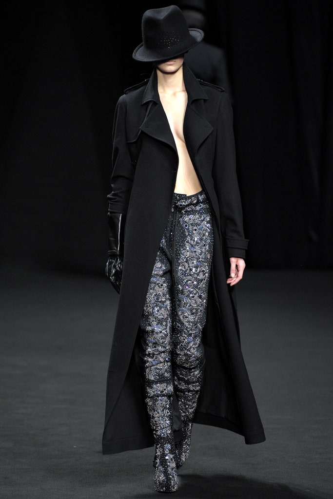 black wool long-sleeve collared fitted draped maxi coat