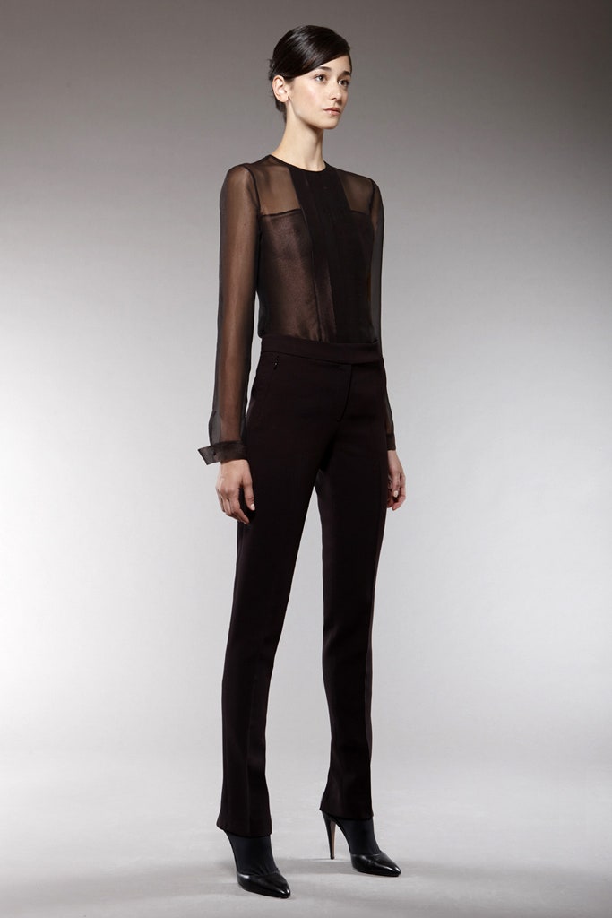 black silk long-sleeve high-neck fitted sheer flowing blouse