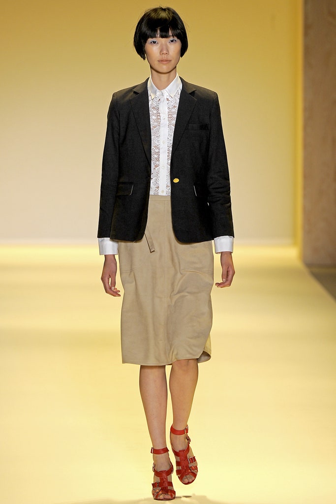 black blazer white shirt beige skirt