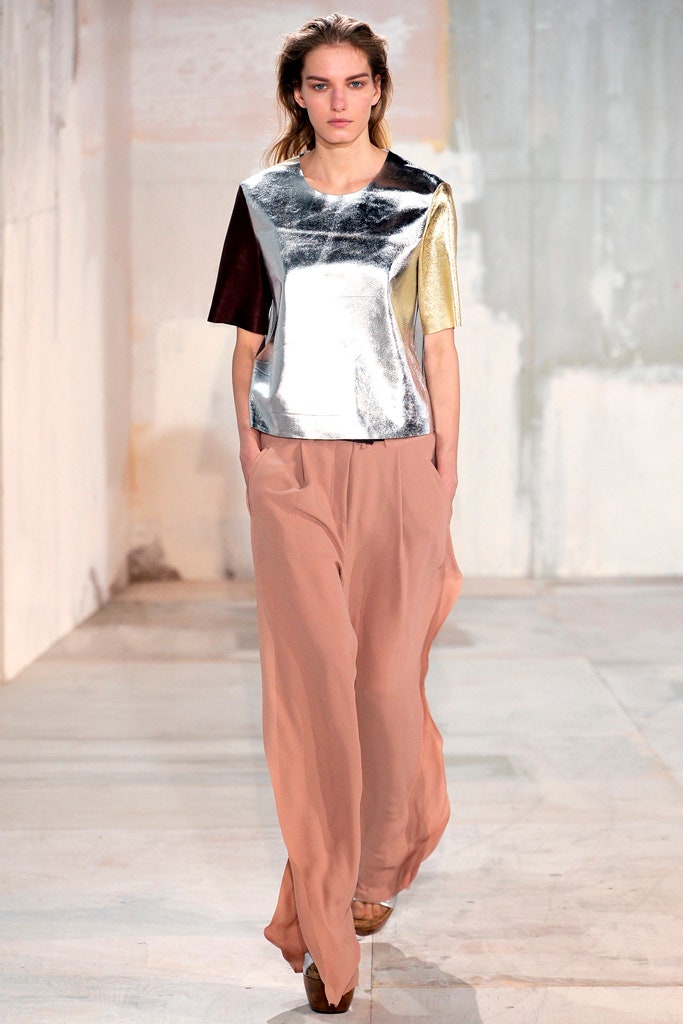 metallic top with wide-leg pants