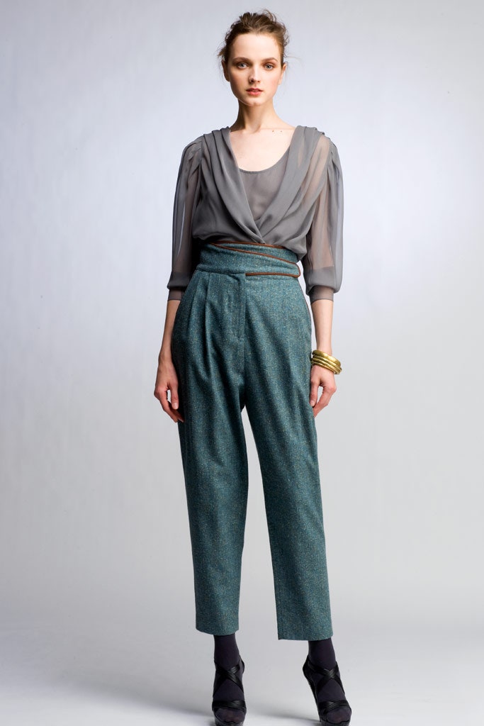 teal wool tailored high-waisted wide-leg pants