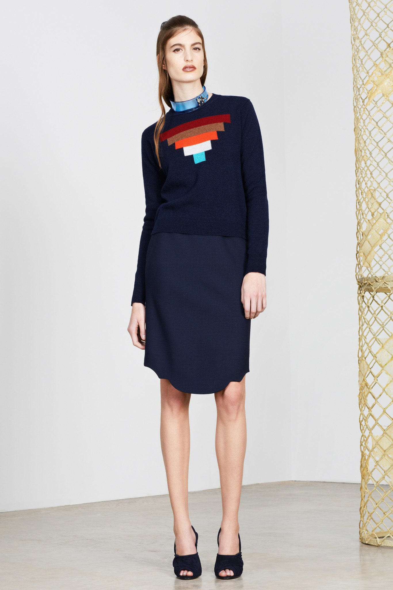 navy color-blocked sweater and dress