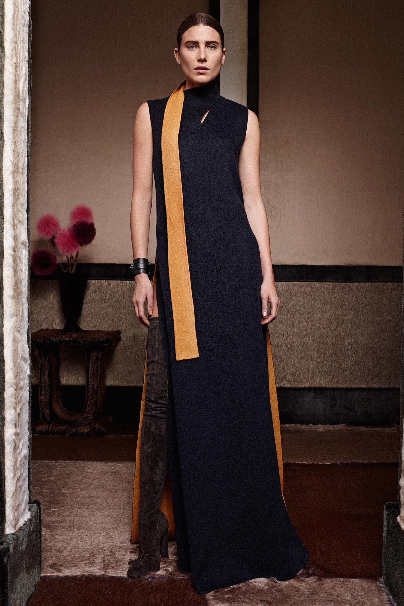 black and orange sleeveless dress