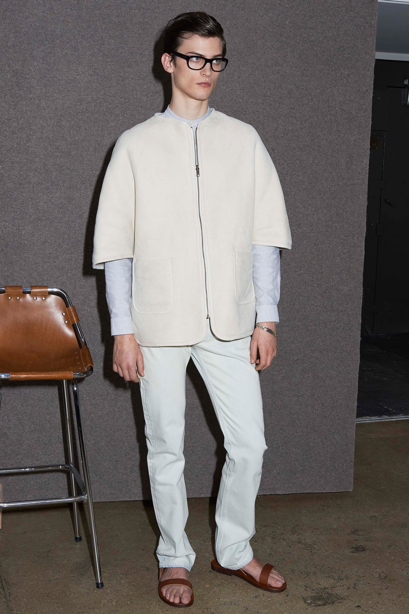 white wool cape with blue shirt