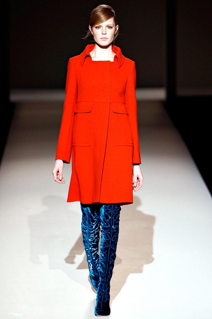 red wool coat with blue boots