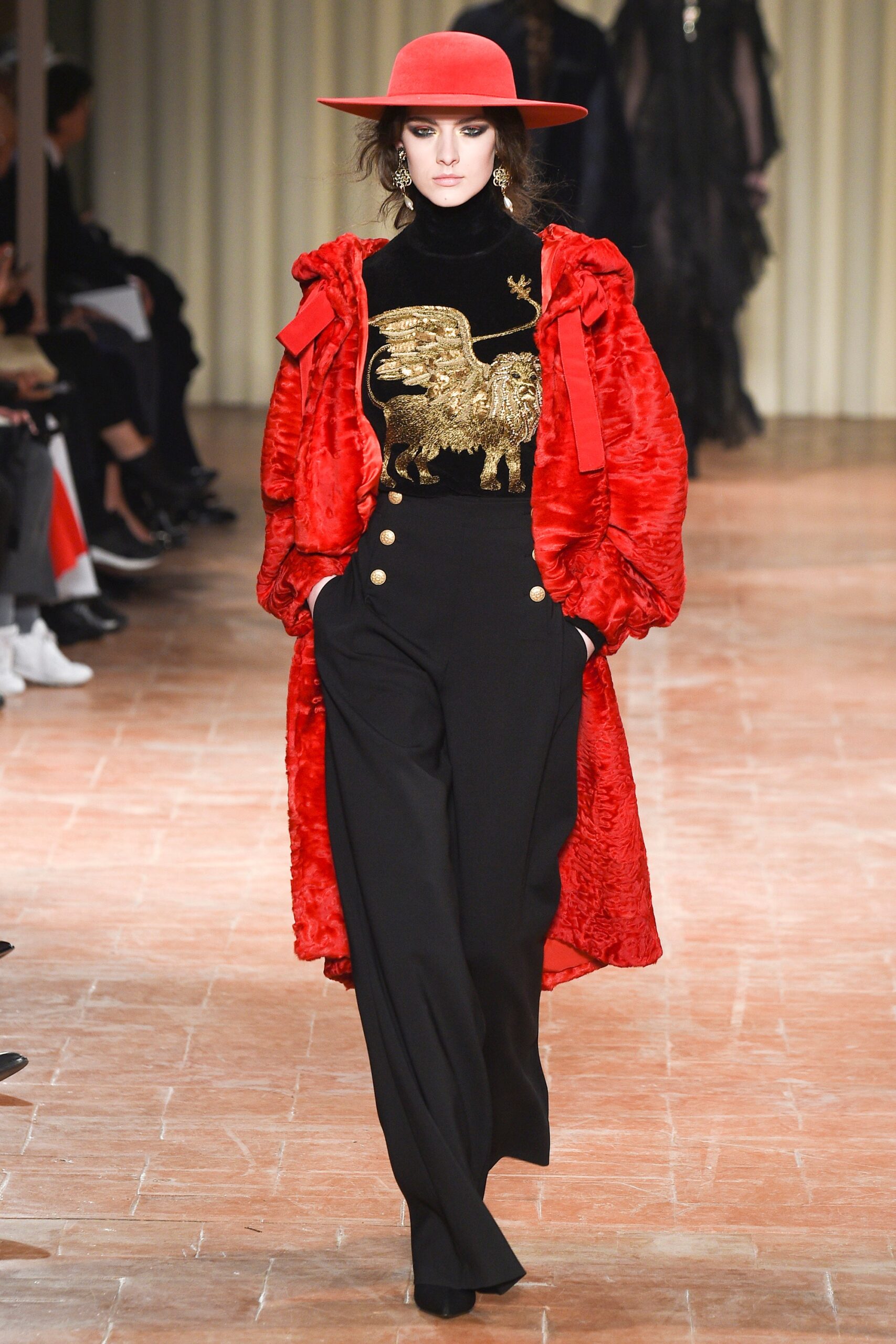 red silk long-sleeve relaxed ruffled coat