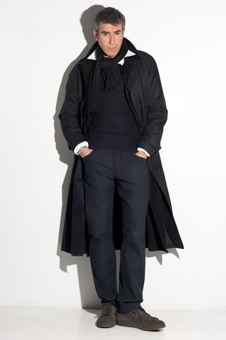 black wool coat with navy sweater