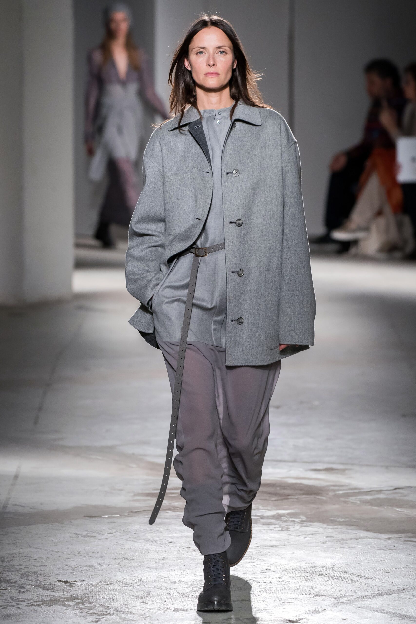 gray cotton long-sleeve collared fitted zippered jumpsuit