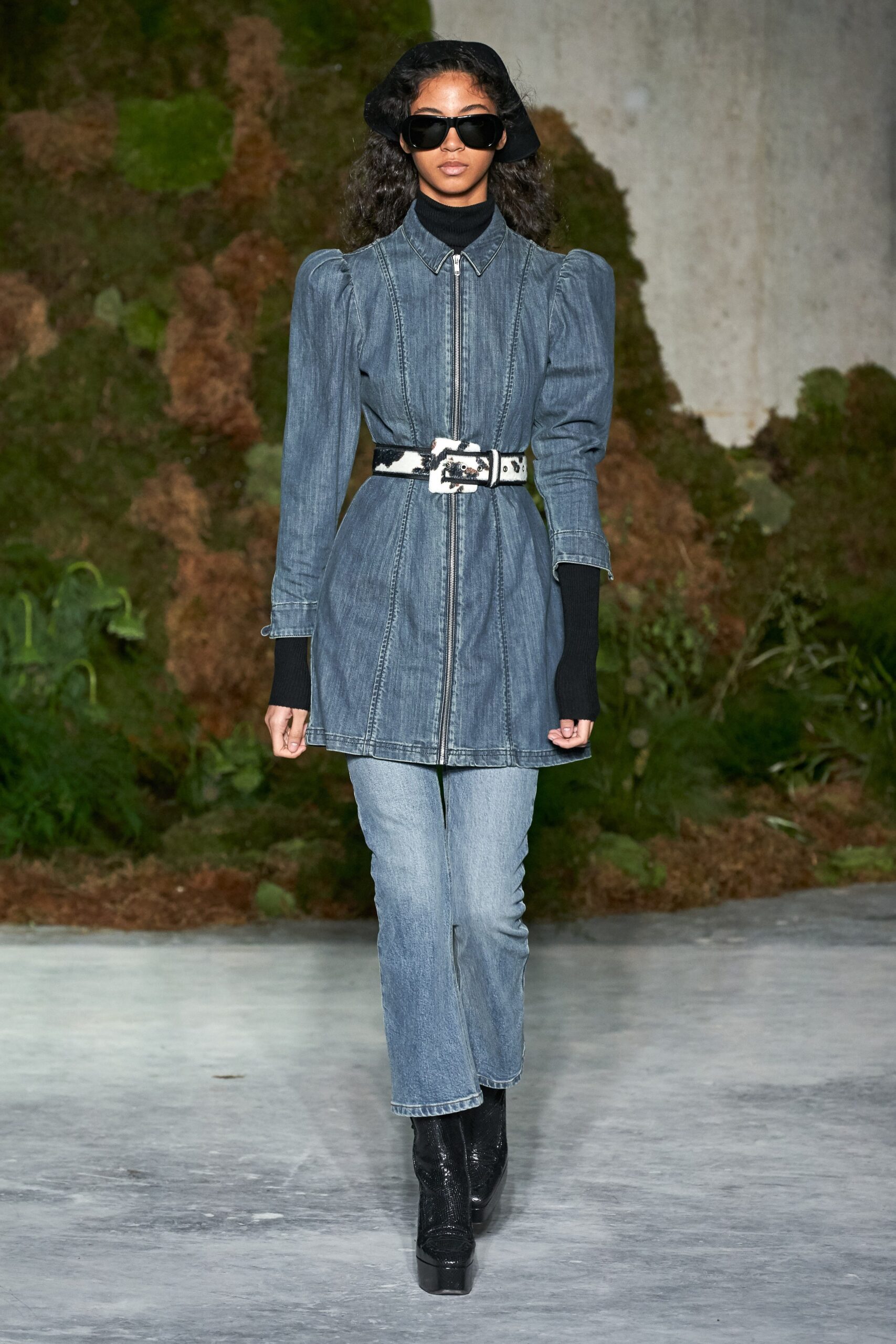 blue denim long-sleeve collared fitted zippered straight-leg dress