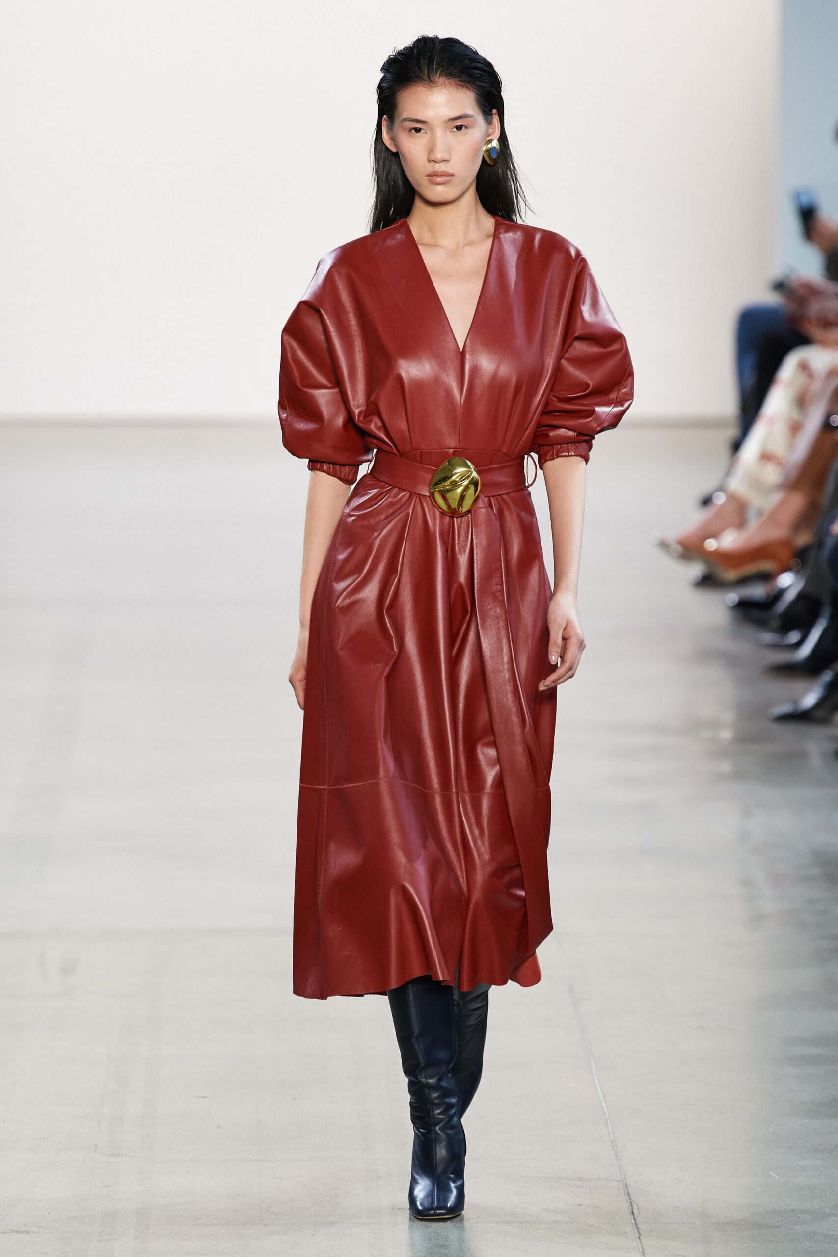 red leather belted midi dress