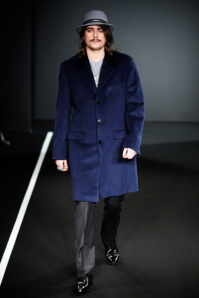 blue wool long-sleeve collared fitted buttoned coat